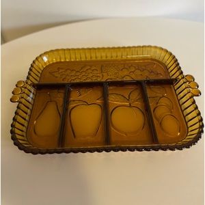 Mid-Century Modern Divided Serving Platter Amber Glass and Carnival Glass